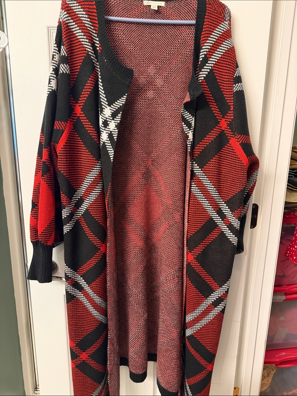 Cato Red, Black & White Plaid Long Open-Front Cardigan